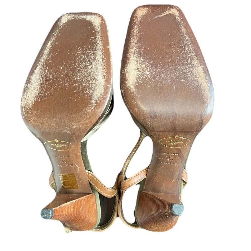 Prada Olive Green Satin And Brown Leather Slingback 4” Heel Size 10 - Picture 6 of 6
